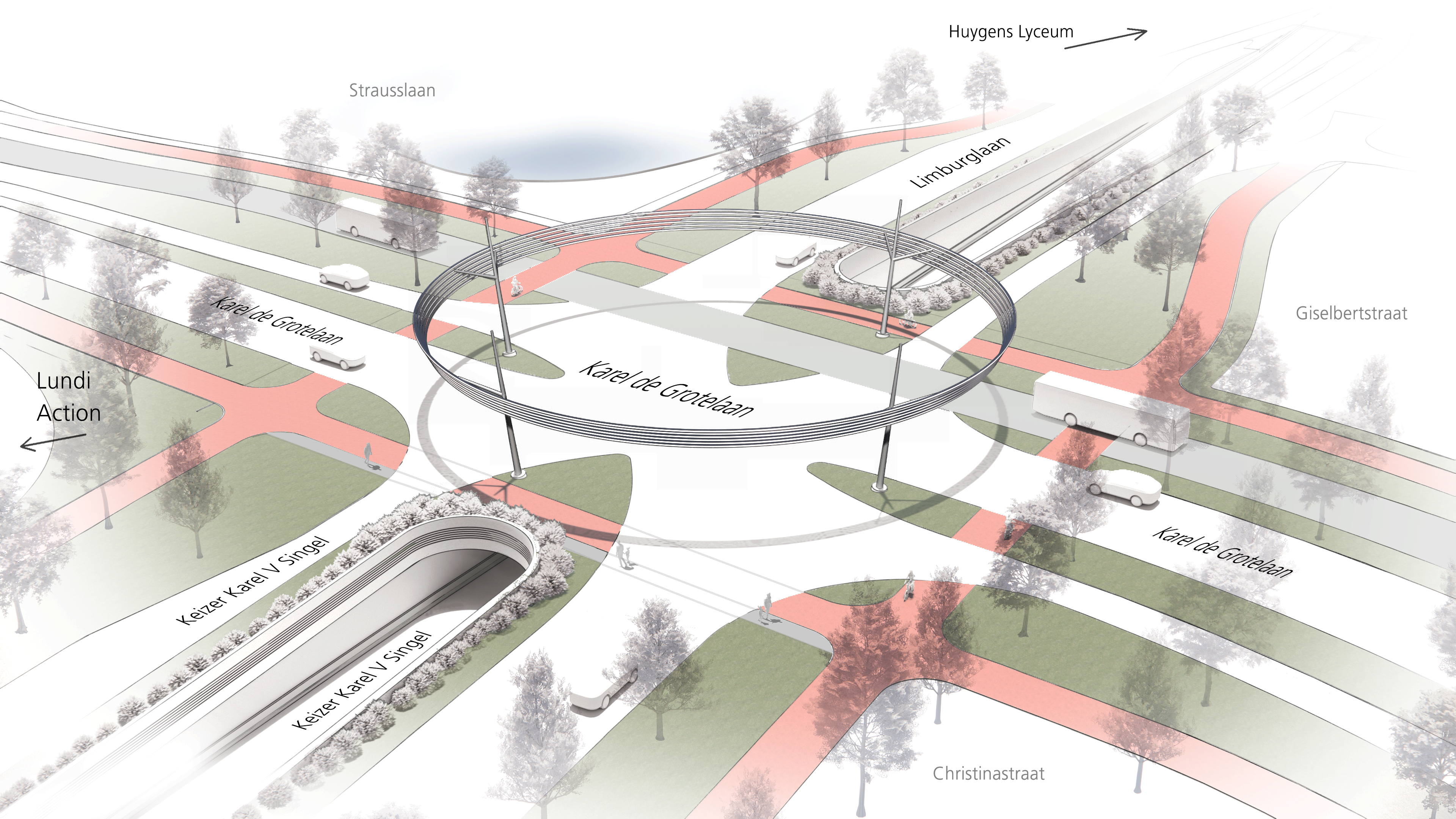 Lichtring en groene inrichting voor nieuw kruispunt